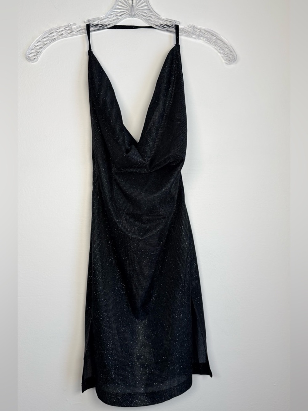 SHEIN Sparkling Black Halter Top with Cascading Deep Cowl Neckline